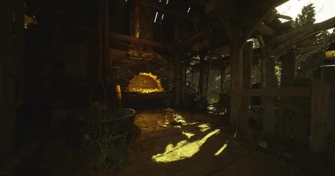 Rustic interior of an old barn with warm light illuminating the space Stock Illustration