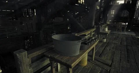 Rustic interior of an old barn with wooden furniture and tools Illustrazione stock