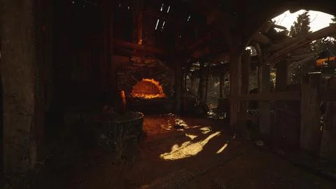 Rustic interior of an old workshop with a glowing forge and wooden beams Stock Illustration