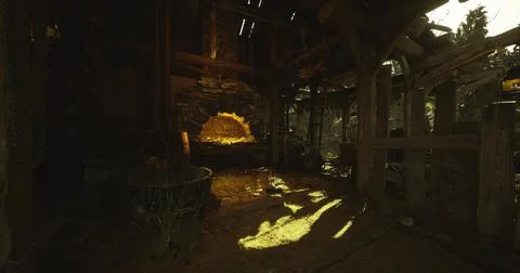 Rustic interior of an old workshop showcasing a stone oven at sunset Stock Illustration