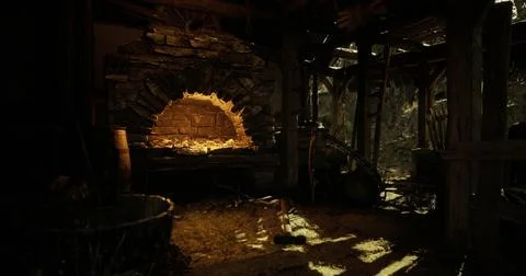 Rustic interior with a warm stone oven illuminated by soft light Stock Illustration