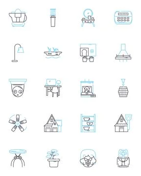 Rustic interiors linear icons set. Wood, Farmhouse, Cozy, Vintage, Cabin Stock Illustration