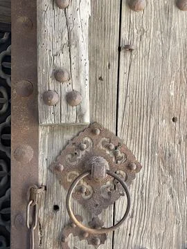 Rustic Iron Door Ring on Weathered Wooden Door at Gubei Water Town Stock Photos