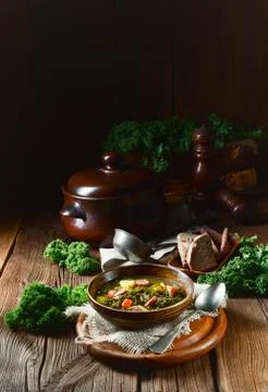 Rustic kale soup with meat and sausage Foto stock