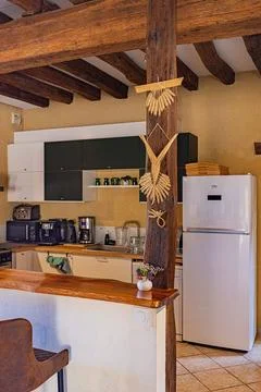 Rustic kitchen corner with timber post, counter and refrigerator at Chateau.. Stock Photos