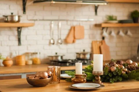 Rustic kitchen details for Christmas. Rustic kitchen table setting and decor for Stock Photos