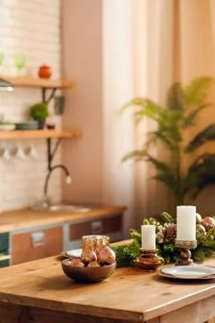 Rustic kitchen details for Christmas. Rustic kitchen table setting and decor for Stock Photos