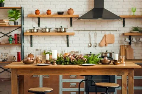  Rustic kitchen details for Christmas. Rustic kitchen table setting and decor fo Stock Photos