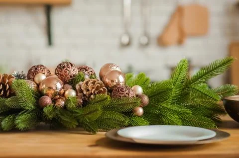  Rustic kitchen details for Christmas. Rustic kitchen table setting and decor fo Stock Photos
