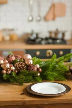 Rustic kitchen details for Christmas. Rustic kitchen table setting and decor for Stock Photos