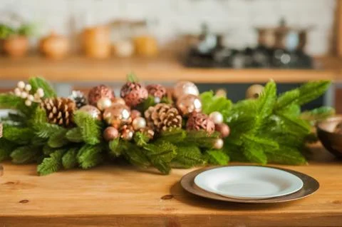  Rustic kitchen details for Christmas. Rustic kitchen table setting and decor fo Stock Photos