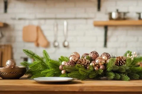 Rustic kitchen details for Christmas. Rustic kitchen table setting and decor for Stock Photos