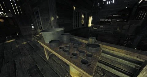 Rustic kitchen displaying traditional cookware in a secluded wooden cabin Stock Illustration