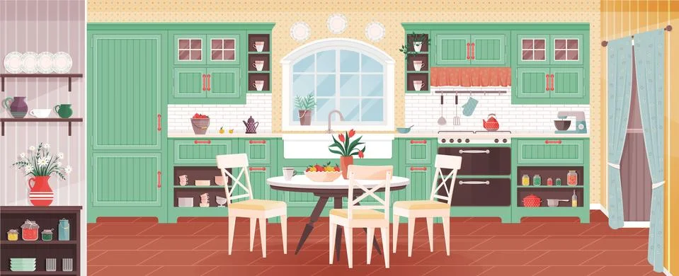 Rustic kitchen empty interior with appliances western wooden furniture Stock Illustration