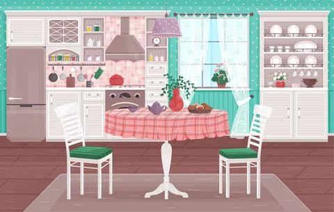 Rustic kitchen empty interior with appliances western wooden furniture Stock Illustration