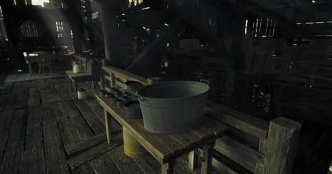 Rustic kitchen interior with wooden table and cooking utensils in natural lig Illustrazione stock