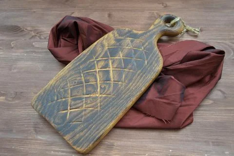 Rustic kitchen old cutting Board with copy space on wooden background Stock Photos