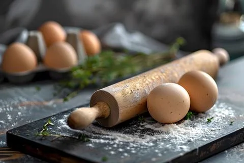 Rustic kitchen preparations with rolling pin and fresh eggs Stock Photos
