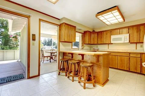 Rustic kitchen room with walkout deck Stock Photos