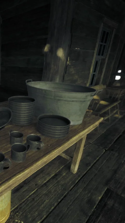 Rustic kitchen scene with metal pots and dishes on wooden table in a cabin Stock Footage 334174612