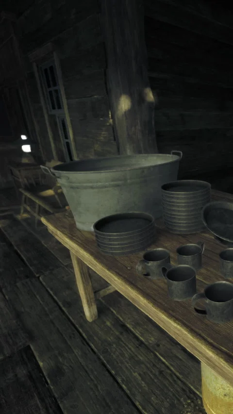 Rustic kitchen scene with utensils and containers on wooden table indoors Stock Footage 334174340