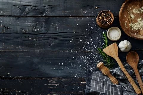 Rustic kitchen table with cooking ingredients Stock Photos