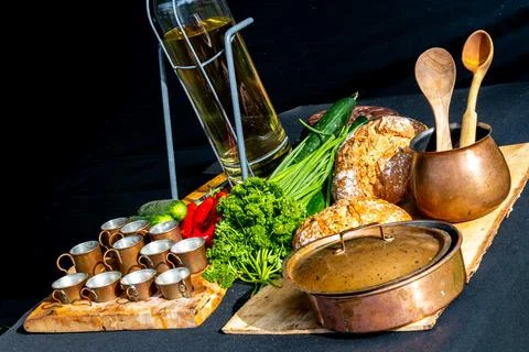 Rustic Kitchen Utensils And Fresh Ingredients On Wooden Boards Stock Photos