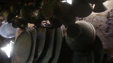 Rustic Kitchen Utensils and Metal Pots in Soft Natural Light Close-Up Stock Footage 334842531