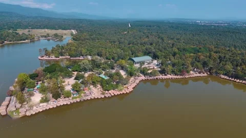 Rustic lakeside shelters and tropical scenery Chiang Mai Thailand aerial view Video stock 331476525