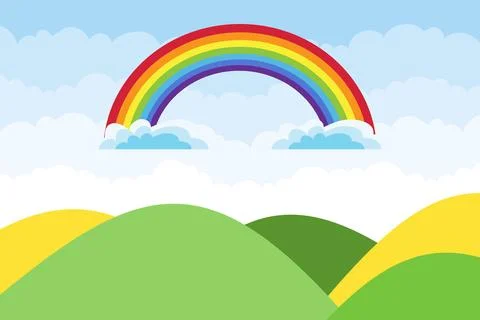 Rustic landscape, forest landscape in with a rainbow and fields. Flat design Stock Illustration