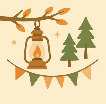 Rustic Lantern and Forest Garland Design Stock Illustration