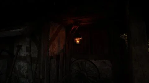 A rustic lantern glowing softly in the dark interior of a vintage barn Stock Illustration