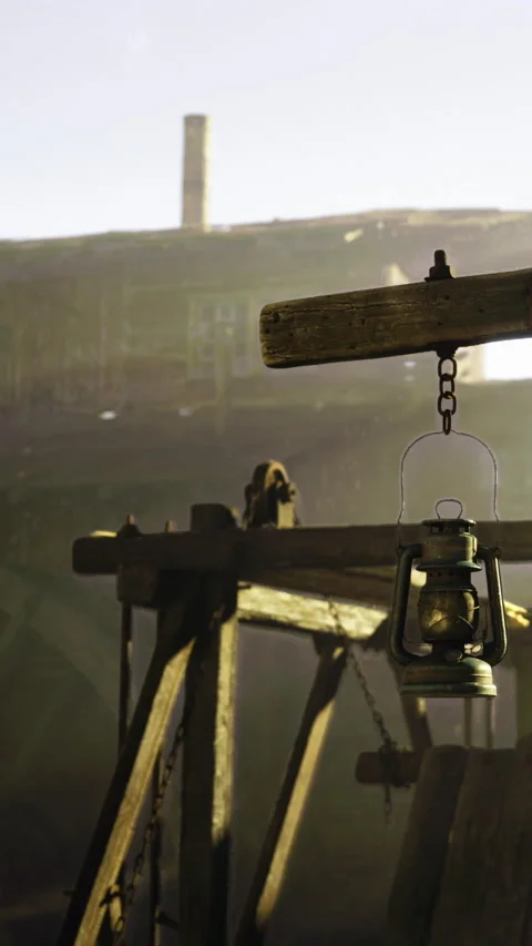 Rustic lantern hanging in a construction site during the early morning light Stock Footage 330273033