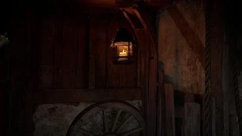 A rustic lantern illuminates a cozy interior in an old wooden barn Stock Illustration