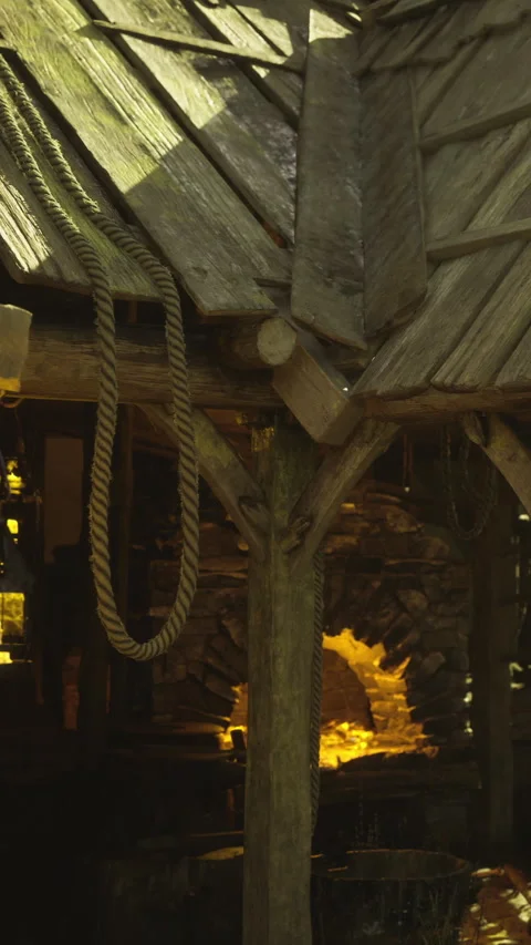Rustic lanterns hanging beside a wooden cabin in a quiet forest retreat Stock Footage 340079907