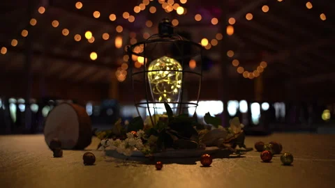 Rustic Latern Table Decor with Bokeh Lights Stock Footage 221223485