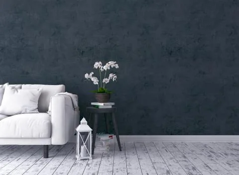 Rustic living room with sofa, candlestick, orchid, old stool and black wall 3d r Stock Illustration