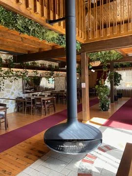 Rustic Lodge Interior with Hanging Plants Stock Photos