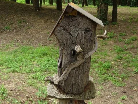 Rustic log birdhouse in forest setting 스톡 사진