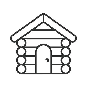 Rustic log cabin house icon in line design. Log cabin, house, home, rustic Stock Illustration