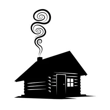 Rustic log cabin with smoke from chimney silhouette on white background Stock Illustration