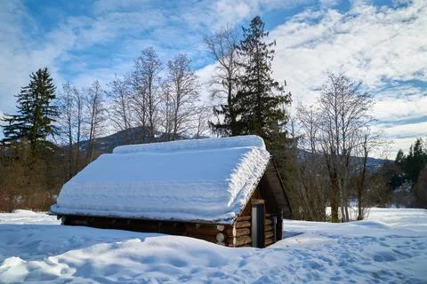 Rustic Log Cabin in Winter 스톡 사진