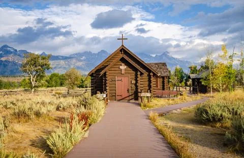 The rustic log Chapel of the Transfiguration at the Grand Teton National Pa.. Stock Photos