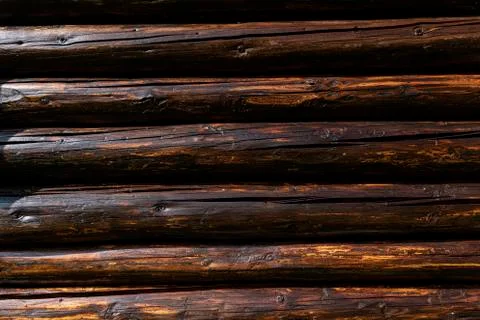 Rustic Log Wall Horizontal Timber Background. Stock Photos