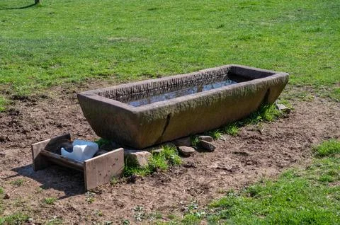 Rustic long stone water trough and salt lick in green grass barnyard Stock Photos