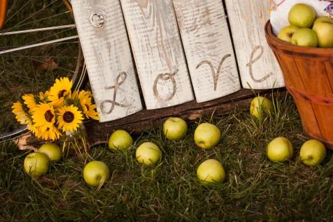 Rustic Love Sign with Apples 스톡 사진
