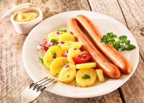 Rustic lunch made of boiled potatoes and sausages Stock Photos