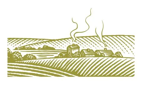 Rustic meadow hand drawn village landscape illustrations with fields, house and Stock Illustration