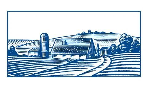 Rustic meadow hand drawn village landscape illustrations with fields, house and Stock Illustration