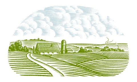 Rustic meadow hand drawn village landscape illustrations with fields, house and Stock Illustration